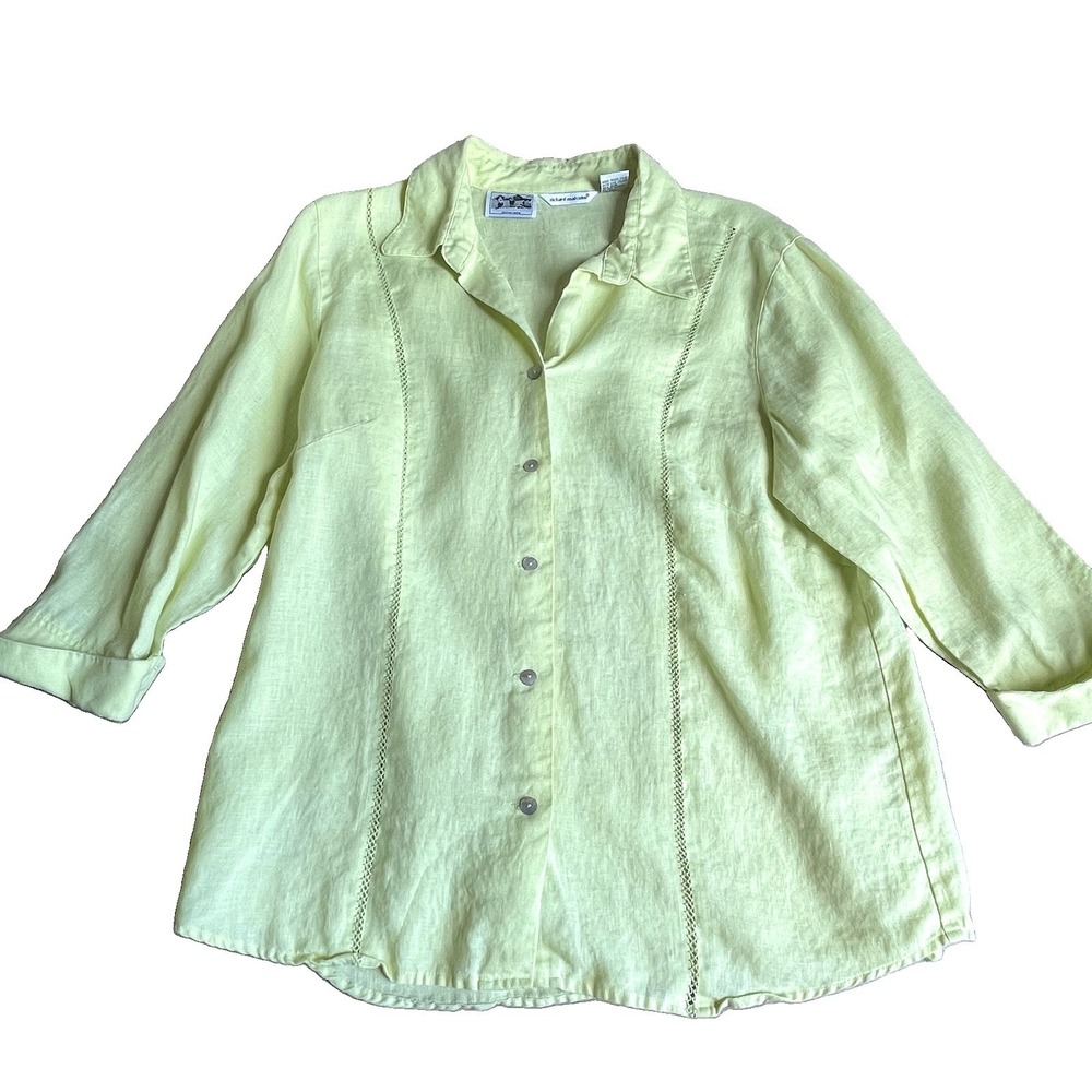 Women's 100% Irish Linen Button Up Shirt XL Yellow Open Work Coastal Blouse